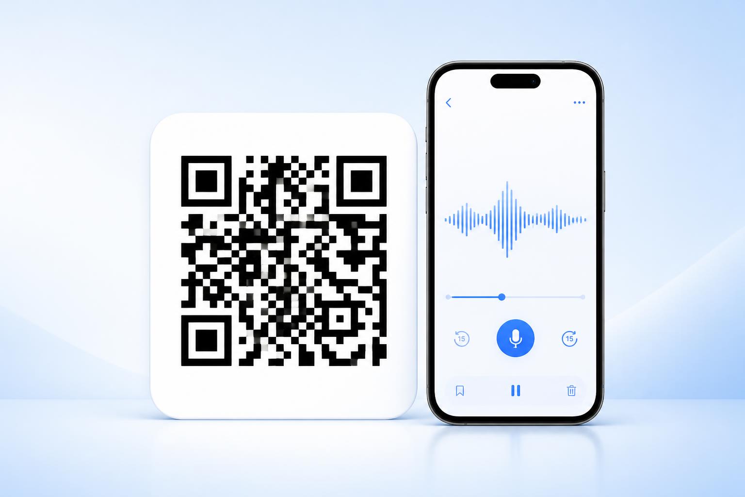 QR code beside a phone showing the NotaVoice recording screen