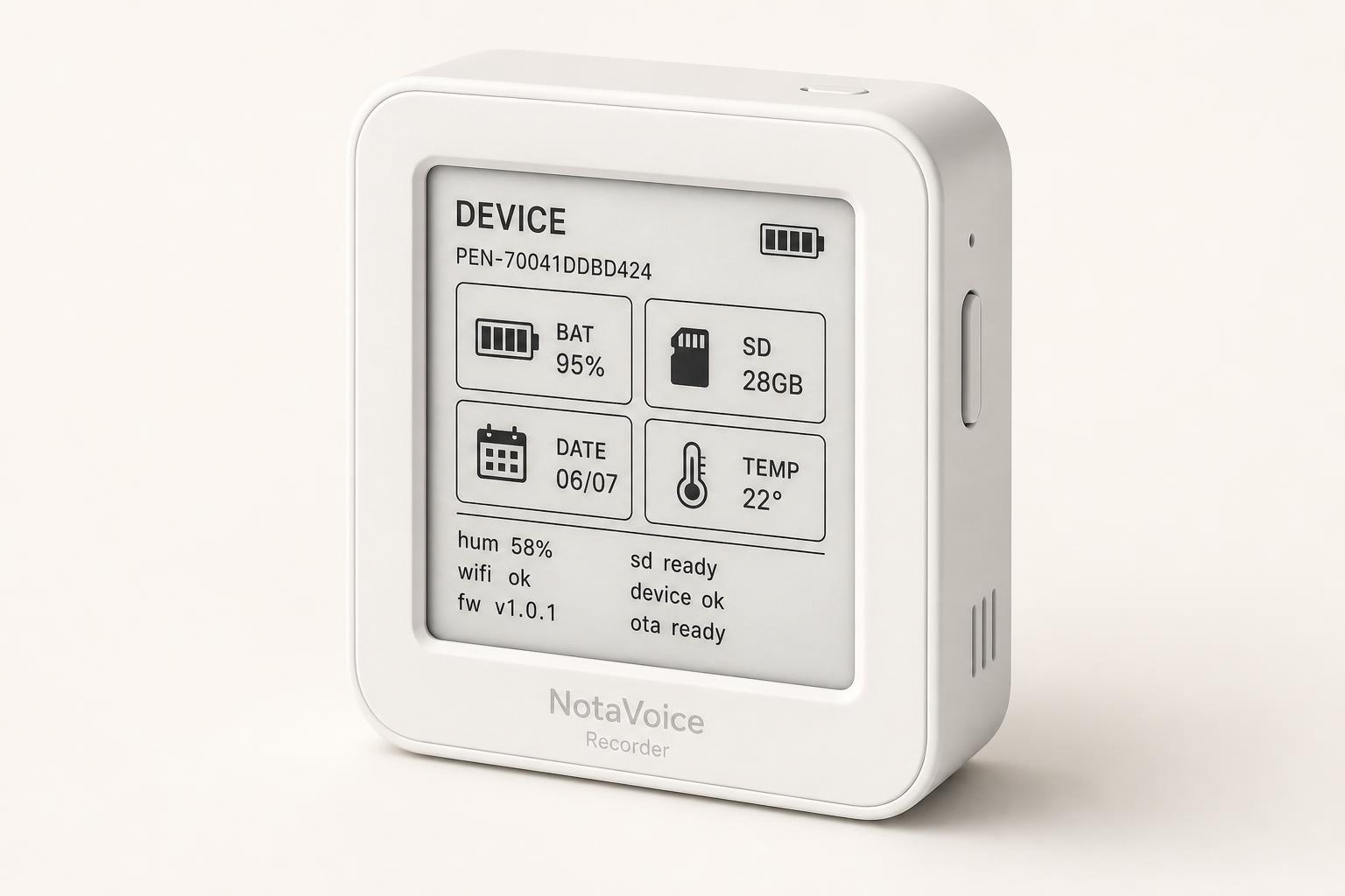 NotaVoice Recorder device showing settings interface